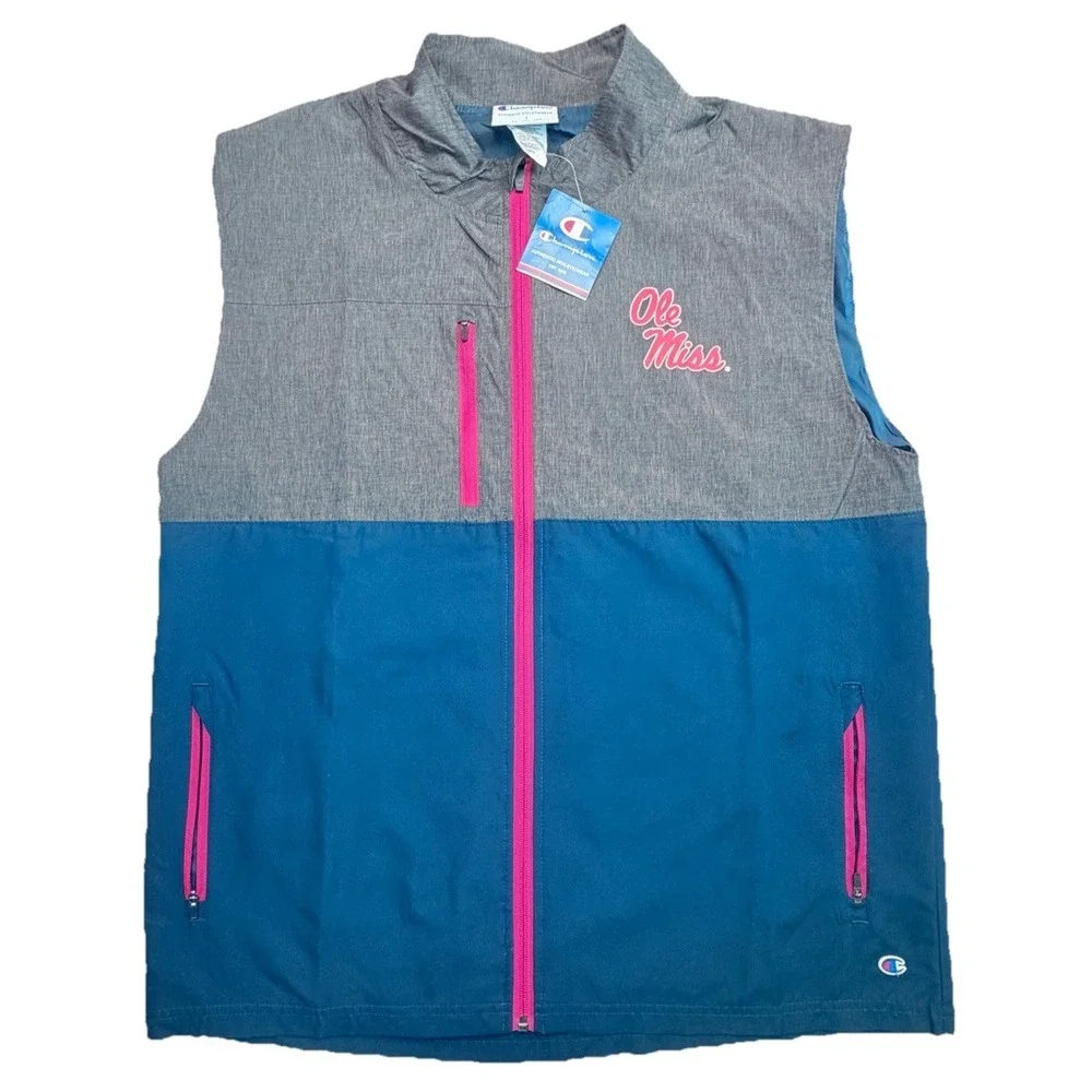 Champion Ole Miss Rebels Full Zip Wind Vest Gray‎ Blue Red Men's Large NWT